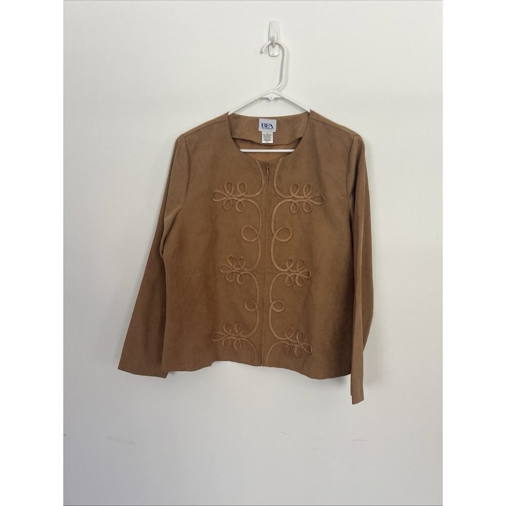 BFA Classics Blazer Jacket Women 12 Tan Zip Up Faux Suede Embroidered